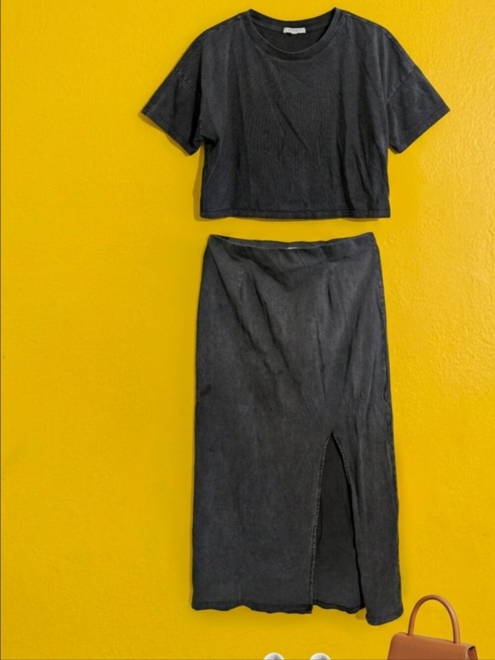 Z Supply Washed Black Midi Skirt with Front Slit And Shirt Set